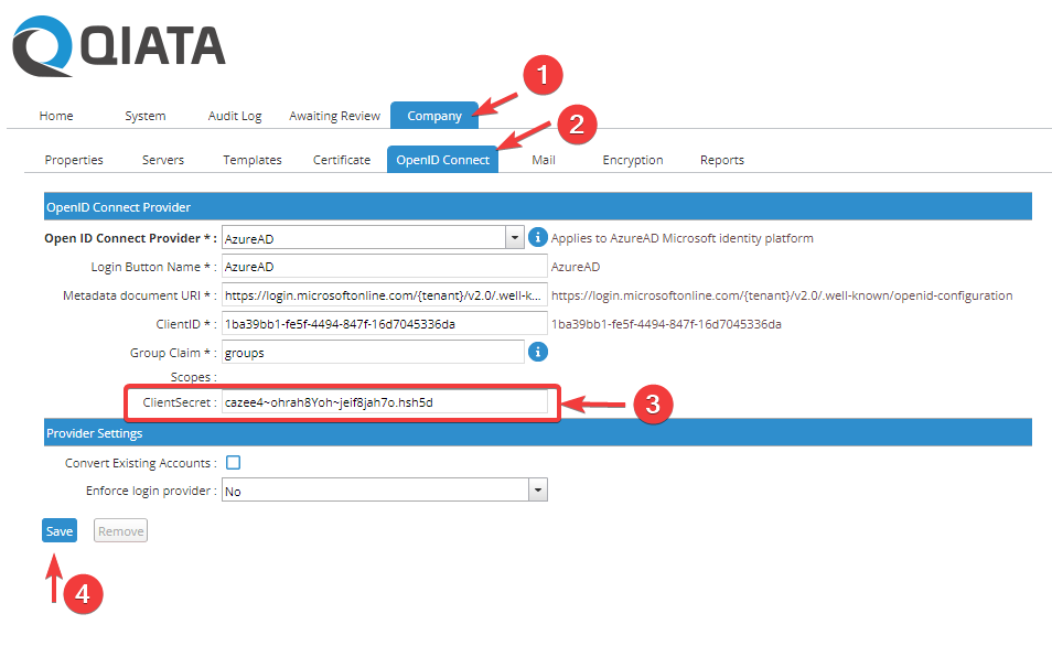 Add Client Secret to Qiata