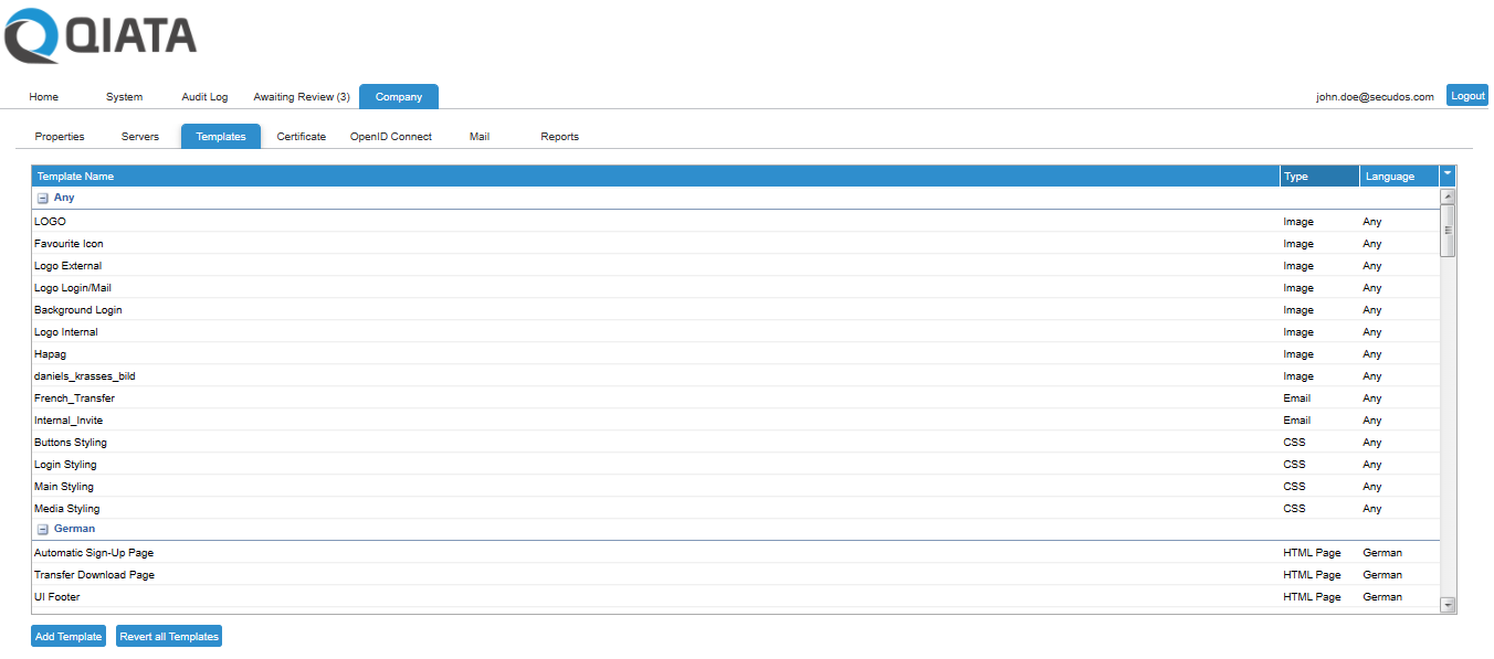 Company Templates Page