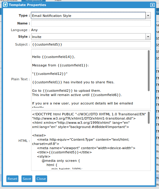 Template Properties Page for Email Notification Style