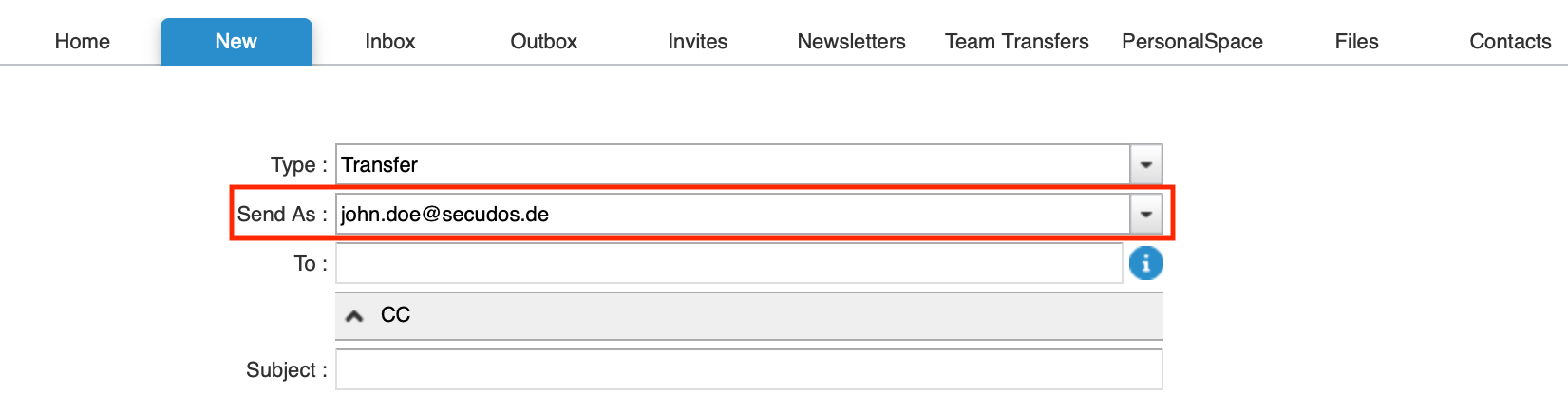 New Transfer with Send As option